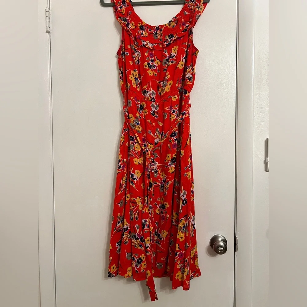 Anthropologie Vibrant Orange Red Lined Floral Midi Dress - Picture 3 of 7